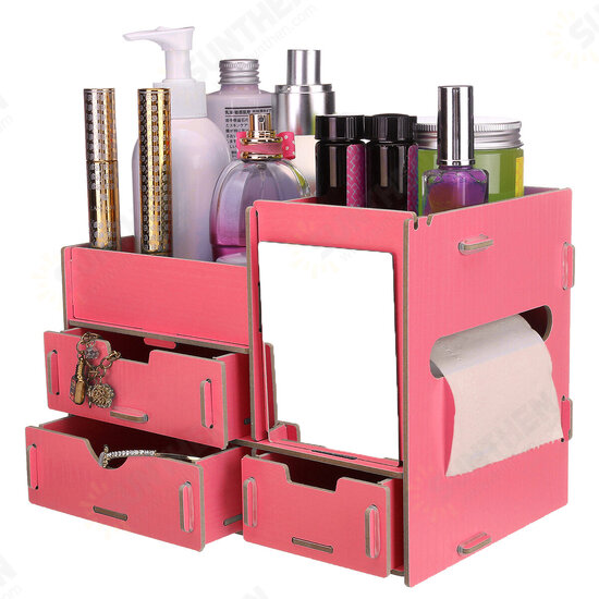 Makeup Organizer with Mirror Drawer DIY Desktop Creative Wooden Storage Box Home Dormitory Desktop Storage Supplies