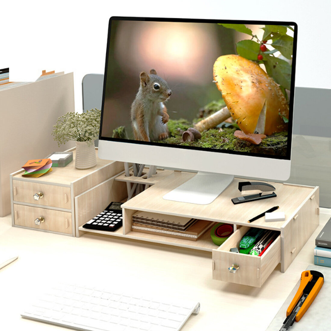 Multifunction Computer Stand Multi-function Desktop Monitor Stand Wood Shelf Plinth Computer Screen ...