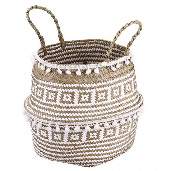 Seagrass Woven Storage Basket Plant Wicker Hanging Baskets Garden Flower Vase Potted Foldable Pot with Handle & Small Ball