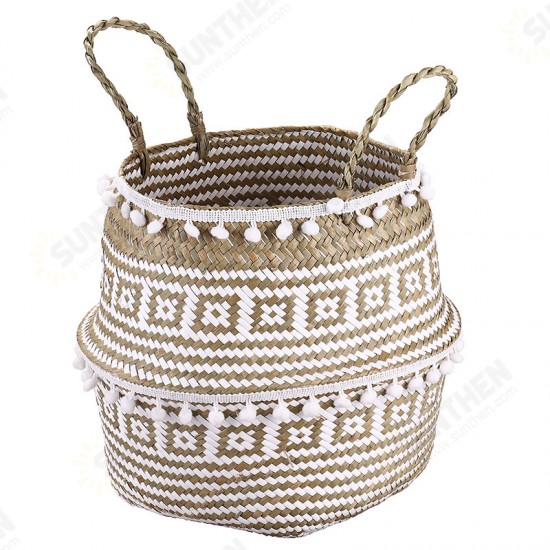 Seagrass Woven Storage Basket Plant Wicker Hanging Baskets Garden Flower Vase Potted Foldable Pot with Handle & Small Ball