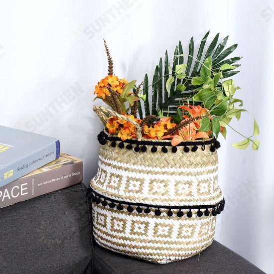 Seagrass Woven Storage Basket Plant Wicker Hanging Baskets Garden Flower Vase Potted Foldable Pot with Handle & Small Ball