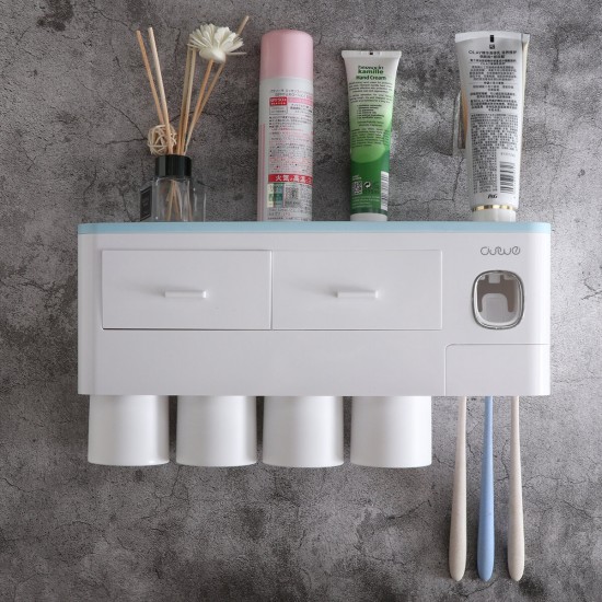 Toothbrush Holder Automatic Toothpaste Dispenser With Cup Wall Mount Toiletries Storage Rack Bathroom Accessories Set