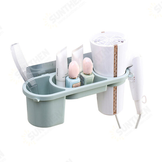 Wall Mounted Hair Dryer Rack Holder Bathroom Multi-function Storage Rack No Drilling Plastic Bracket with Two Hooks