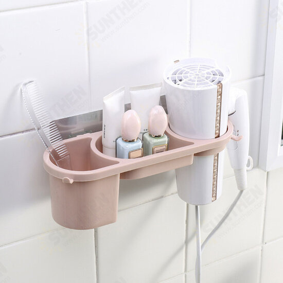 Wall Mounted Hair Dryer Rack Holder Bathroom Multi-function Storage Rack No Drilling Plastic Bracket with Two Hooks