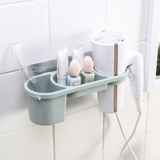 Wall Mounted Hair Dryer Rack Holder Bathroom Multi-function Storage Rack No Drilling Plastic Bracket with Two Hooks