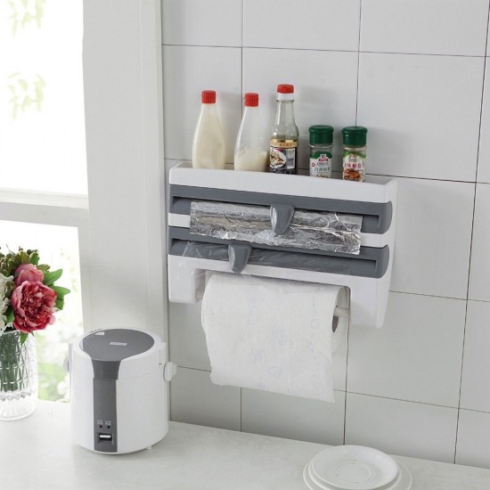 Wall-Mounted Refrigerator Cling Film Storage Rack Wrap Cutter Wall Hanging Towel Paper Holder Home Kitchen