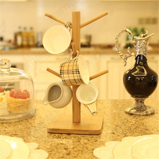 Wooden Cup Holder Teacup Mug Drain Rack Stand 6 Cups Drain Cup Hanging Stand Coffee Cup Display Stand