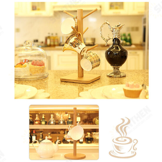 Wooden Cup Holder Teacup Mug Drain Rack Stand 6 Cups Drain Cup Hanging Stand Coffee Cup Display Stand