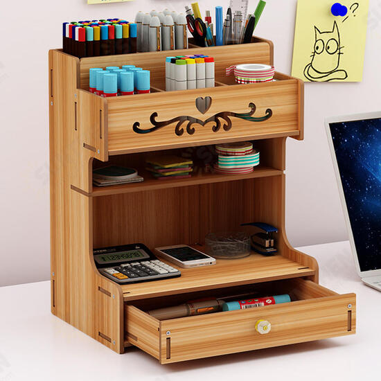 Wooden Desk Organizer Multi-Functional DIY Pen Holder Box Cell Phone Holder Desktop Stationary Home Office Supplies Storage Rack with Drawer