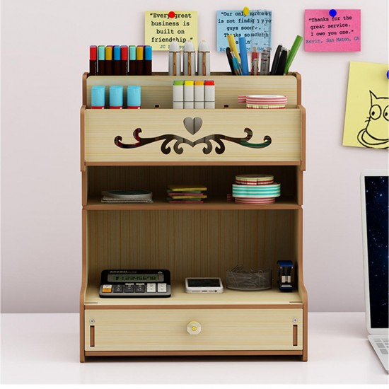 Wooden Desk Organizer Multi-Functional DIY Pen Holder Box Cell Phone Holder Desktop Stationary Home Office Supplies Storage Rack with Drawer