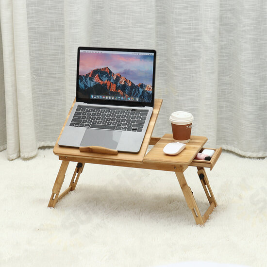 Wooden Folding Computer Desk Adjustable Angle Multifunctional Folding Desk with Drawer for Bed Sofa Supplies