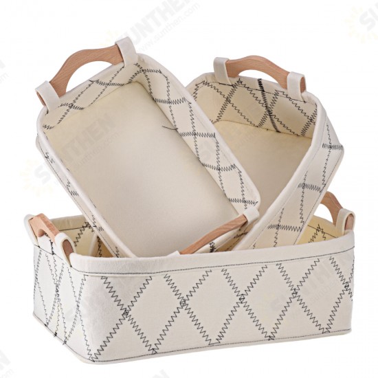 Wooden Handle Felt Receiving Basket Simple Sorting Storage Bags Cosmetic Fabric Storage Basket Desktop Storage Supplies