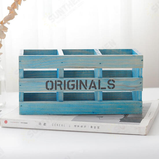 Retro Wooden Storage Box Desktop Cosmetic Makeup Organizer 3 Grids Pen Holder Remote Control Storage Box Vintage Home Decor