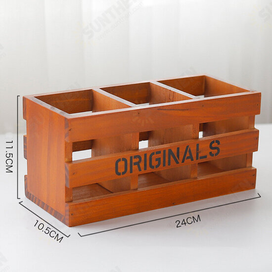 Retro Wooden Storage Box Desktop Cosmetic Makeup Organizer 3 Grids Pen Holder Remote Control Storage Box Vintage Home Decor