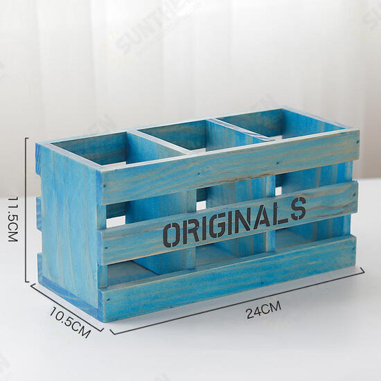 Retro Wooden Storage Box Desktop Cosmetic Makeup Organizer 3 Grids Pen Holder Remote Control Storage Box Vintage Home Decor