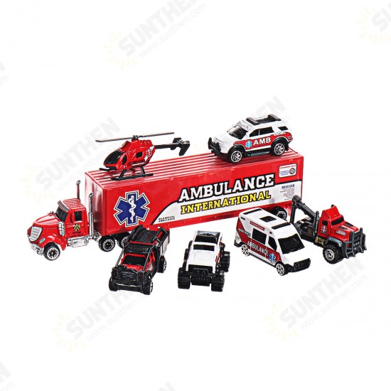 7 PCS Alloy Plastic Diecast Engineering Vehicle Ambulance Polices Car Model Toy Set for Children Gift