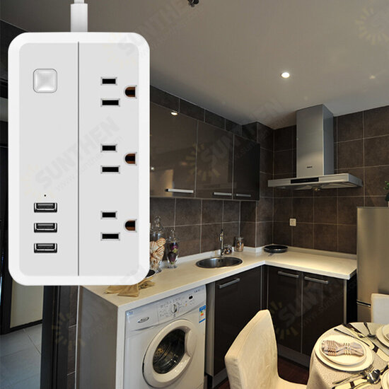 D222 US Plug Sockets with 3 Outlet 3 USB Sockets Overload Switch Surge ProtectorWith Extension Cable Switch Power Outlet