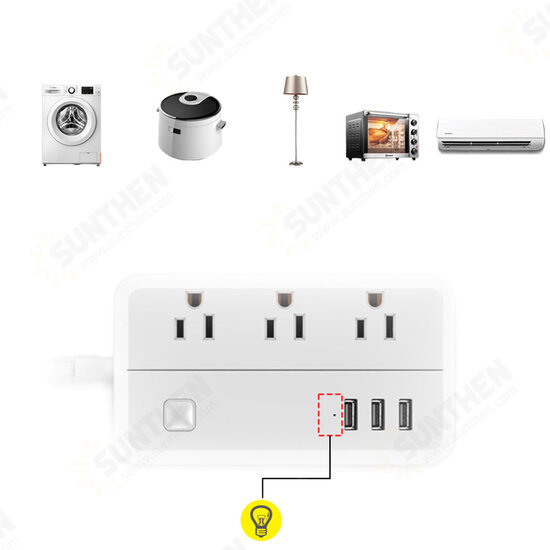 D222 US Plug Sockets with 3 Outlet 3 USB Sockets Overload Switch Surge ProtectorWith Extension Cable Switch Power Outlet