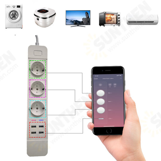 D555 Smart WIFI App Control Power Strip with 3 EU Outlets Plug 4 USB Fast Charging Socket Work Power Outlet