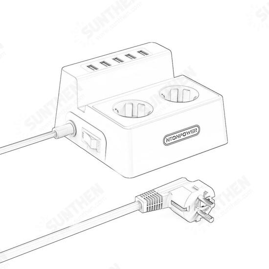 EU Plug Power Socket 2 AC Outlets Extension with 5 USB Charger Surge Protector 1.5M