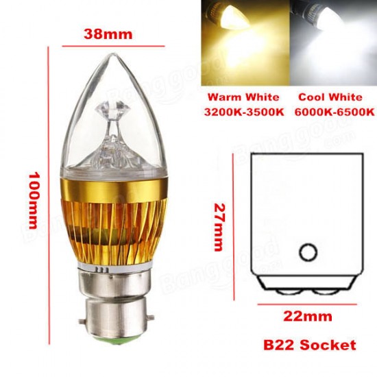 Dimmable B22 3W 220V White Warm White LED Candle Bulb Golden Shell Lamp