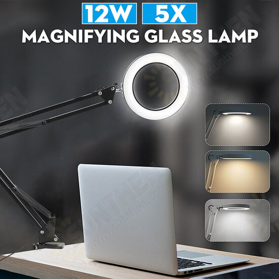 12W 5X Magnifying LED Desk Table Light Lens Glass Study Work Tattoo Magnifier Lamp with Clamp