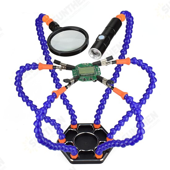 6 Flexible Arms Soldering Vise Helping Hands Third Hand PCB Repair Fixture with Magnifying Glass Lens & LED Flashlight