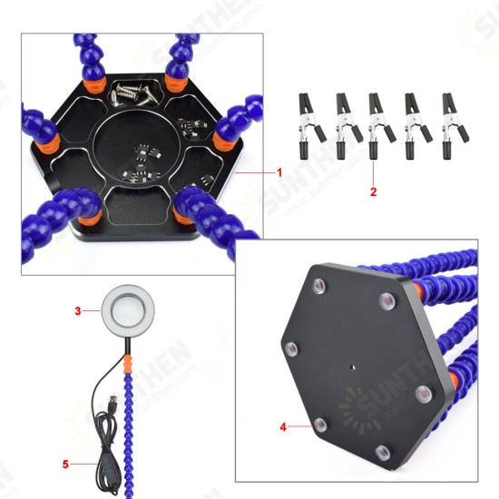 Soldering PCB Holder Tool Six Arms Helping Hands Third Hand Crafts Repair Helping Welding Station USB LED Magnifier