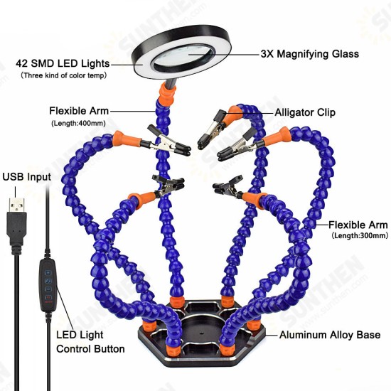 Soldering PCB Holder Tool Six Arms Helping Hands Third Hand Crafts Repair Helping Welding Station USB LED Magnifier Soldering PCB Holder Tool Six Arms Helping Hands Third Hand Crafts Repair Helping Welding Station USB LED Magnifier