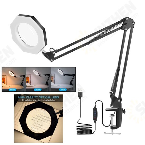 USB 5X Folding Magnifier Table Clamp Soldering Third Hand Tool 3 Colors LED Illuminated Lamp Magnifying Glass