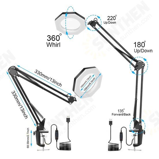 USB 5X Folding Magnifier Table Clamp Soldering Third Hand Tool 3 Colors LED Illuminated Lamp Magnifying Glass USB 5X Folding Magnifier Table Clamp Soldering Third Hand Tool 3 Colors LED Illuminated Lamp Magnifying Glass