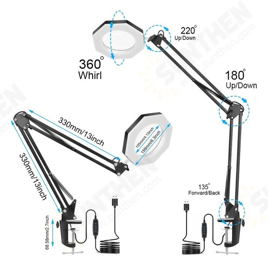 USB 5X Folding Magnifier Table Clamp Soldering Third Hand Tool 3 Colors LED Illuminated Lamp Magnifying Glass