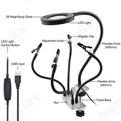 USB LED 3X Magnifier PCB Fixture Bench Vise Table Clamp Soldering Helping Hand Soldering Station Third Hand Tool with 5Pcs Flexible Arms USB LED 3X Magnifier PCB Fixture Bench Vise Table Clamp Soldering Helping Hand Soldering Station Third Hand Tool with 5Pcs Flexible Arms