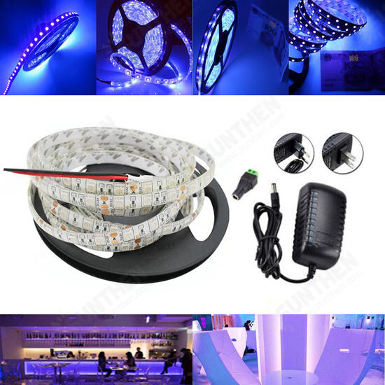 5M UV SMD2835 395-405NM Purple 300 LED Waterproof Strip Light + DC Connector + Power Supply 12V 5M UV SMD2835 395-405NM Purple 300 LED Waterproof Strip Light + DC Connector + Power Supply 12V
