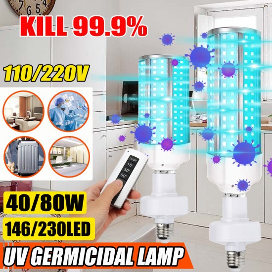 Ultraviolet Germicidal Lamp 40W 80W E27 LED UVC Bulb Household Ozone Disinfection Light+ AC110V/220V Lampholder
