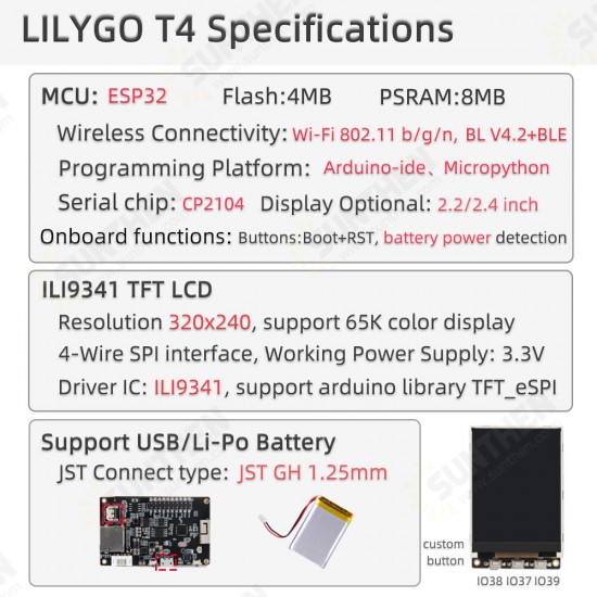 T4 V1.3 ILI9341 2.4 inch LCD Display Backlight Adjustment CH9102F ESP32 Development Board WIFI Wireless Bluetooth Module