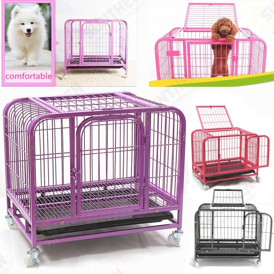 31inch Dog Crate Cage 2 Doors Cat Pet Poodle Heavy-Duty Cage Puppy Kennel House & Tray with Four Wheels