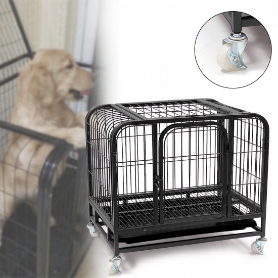 31inch Dog Crate Cage 2 Doors Cat Pet Poodle Heavy-Duty Cage Puppy Kennel House & Tray with Four Wheels