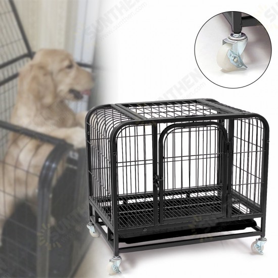 31inch Dog Crate Cage 2 Doors Cat Pet Poodle Heavy-Duty Cage Puppy Kennel House & Tray with Four Wheels