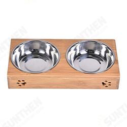 Double Pet Dog Bowl Stainless Steel Pet Bowl Bamboo Bottom Food Water Dual-use Pet Bowl Double Pet Dog Bowl Stainless Steel Pet Bowl Bamboo Bottom Food Water Dual-use Pet Bowl
