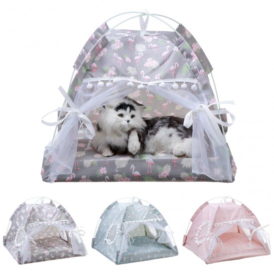 Pet Tent Cat Bed Puppy House Cushion Pad Bed Flamingo Pattern Indo