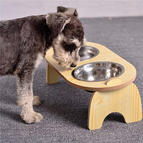 Stainless Steel Pet Bowl with High Quality Wood Mat Feeder Single/Double Bowls Set for Dogs Cats and Pets