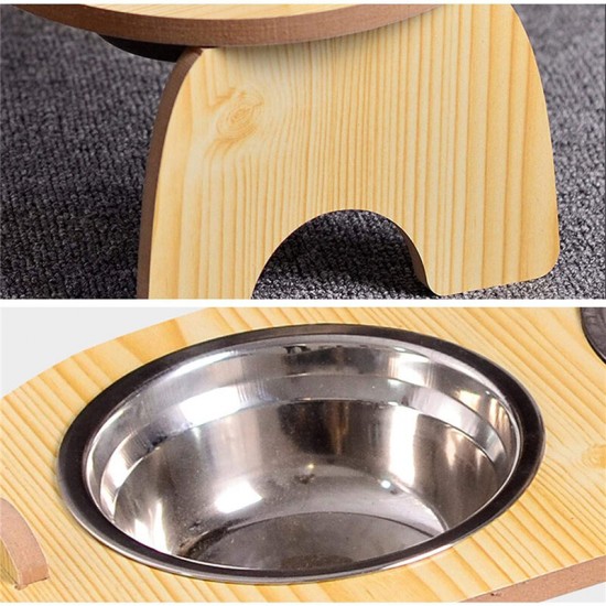 Stainless Steel Pet Bowl with High Quality Wood Mat Feeder Single/Double Bowls Set for Dogs Cats and Pets