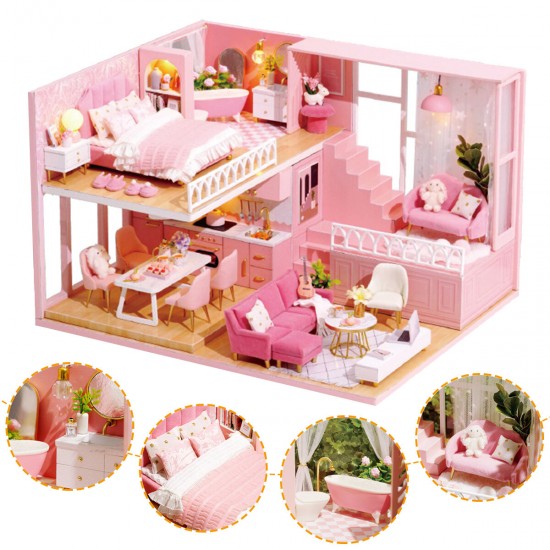 1:24 Wooden 3D DIY Handmade Assemble Miniature Doll House Kit Toy with Furniture for Kids Gift Collection
