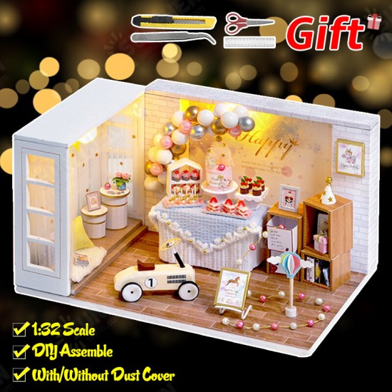 1:32 Wooden DIY Doll House Miniature Kits Handmade Assemble Toy with Furniture LED Light for Gift Collection Home Decor