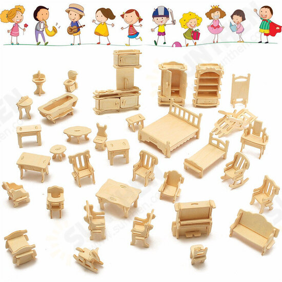 34 Pcs 3D DIY Wooden Miniature Dollhouse Furniture Model Unpainted Suite Toys