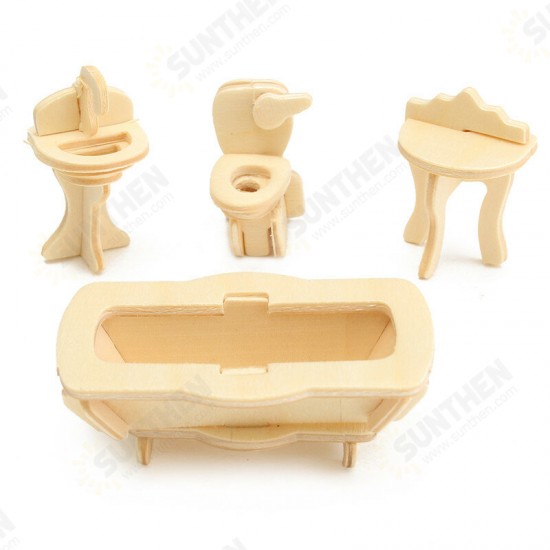 34 Pcs 3D DIY Wooden Miniature Dollhouse Furniture Model Unpainted Suite Toys