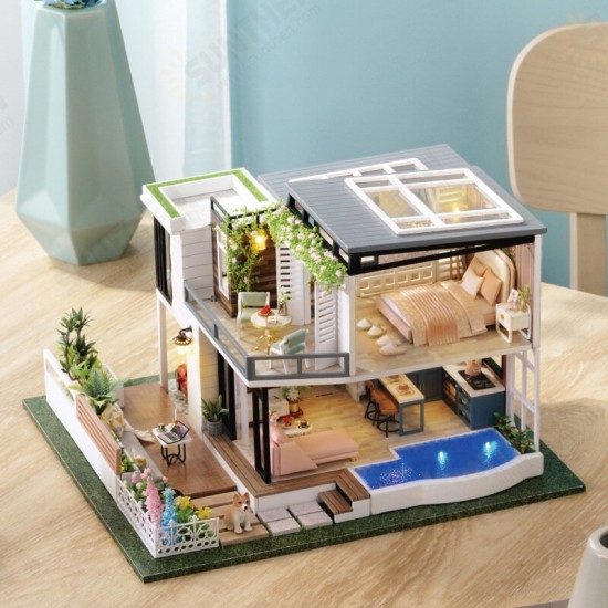 LED Light DIY Doll House Miniature Building Model Assembled Toys With Dust Cover and Furniture for Gifts