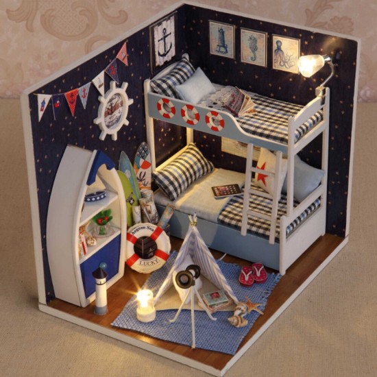 Creative Room DIY Handmade Assembly Doll House Miniature Furniture Kit with LED Light Dust Proof Cover Toy for Kids Birthday Gift Home Decoration Collection