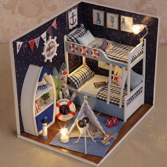 Creative Room DIY Handmade Assembly Doll House Miniature Furniture Kit with LED Light Dust Proof Cover Toy for Kids Birthday Gift Home Decoration Collection